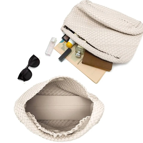 Petite Simone Vegan Leather Handwoven Hazel Creamy White Woven Bag Medium - Picture 12 of 13